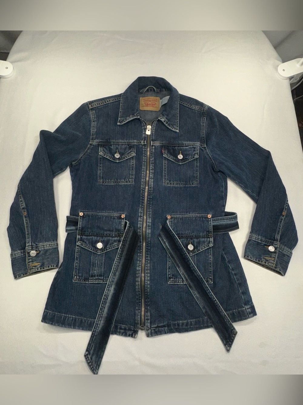 Vintage Y2K Levis Bush Jacket Full Zip Denim Jean Belted Chore Jacket Size Large - Picture 1 of 14